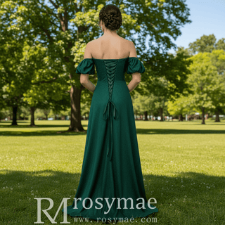 Elegant Hunter Green A Line Off Shoulder Prom Party Gown with Sweetheart - Rosymae
