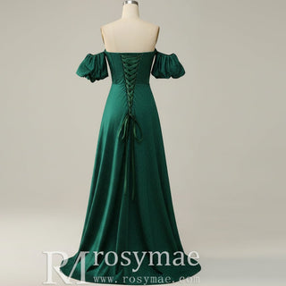 Elegant Hunter Green A Line Off Shoulder Prom Party Gown with Sweetheart - Rosymae