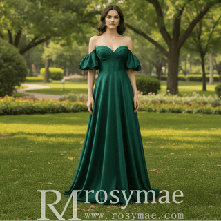 Elegant Hunter Green A Line Off Shoulder Prom Party Gown with Sweetheart - Rosymae
