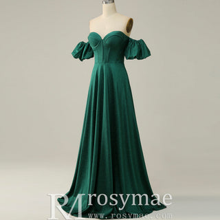 Elegant Hunter Green A Line Off Shoulder Prom Party Gown with Sweetheart - Rosymae