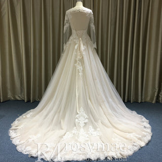 Elegant Keyhole Back Floral Lace Appliqued Wedding Dress - Rosymae