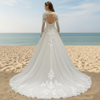 Elegant Keyhole Back Floral Lace Appliqued Wedding Dress - Rosymae