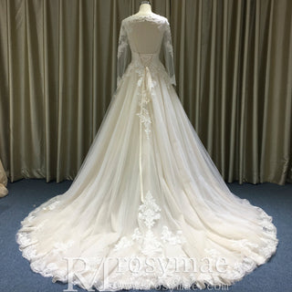 Elegant Keyhole Back Floral Lace Appliqued Wedding Dress - Rosymae