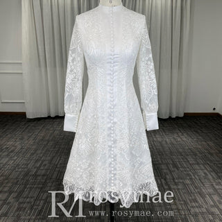 Elegant Knee Length Long Sleeve A-Line Lace Wedding Dresses - Rosymae