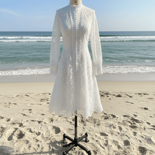 Elegant Knee Length Long Sleeve A-Line Lace Wedding Dresses - Rosymae