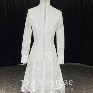 Elegant Knee Length Long Sleeve A-Line Lace Wedding Dresses - Rosymae