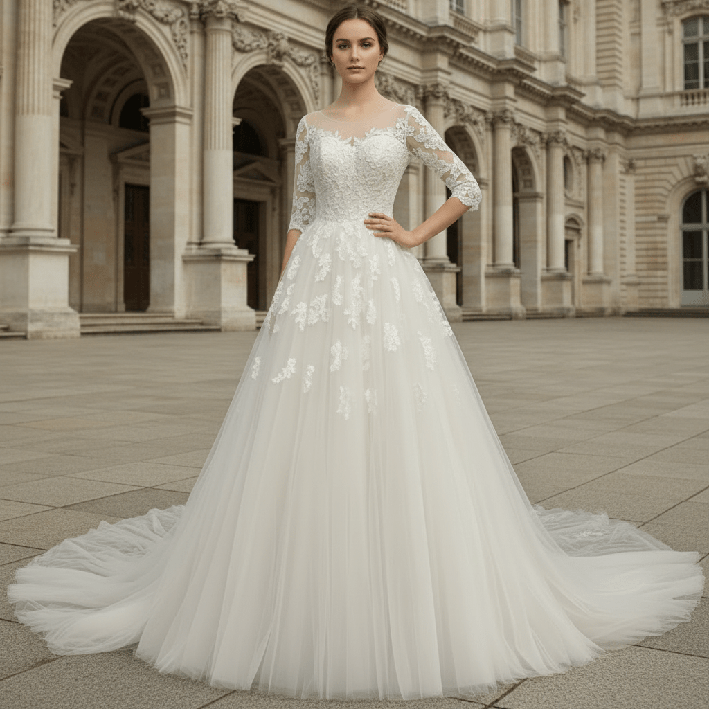 Elegant Lace Applique Wedding Dress With Half Sleeve - Rosymae