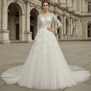 Elegant Lace Applique Wedding Dress With Half Sleeve - Rosymae