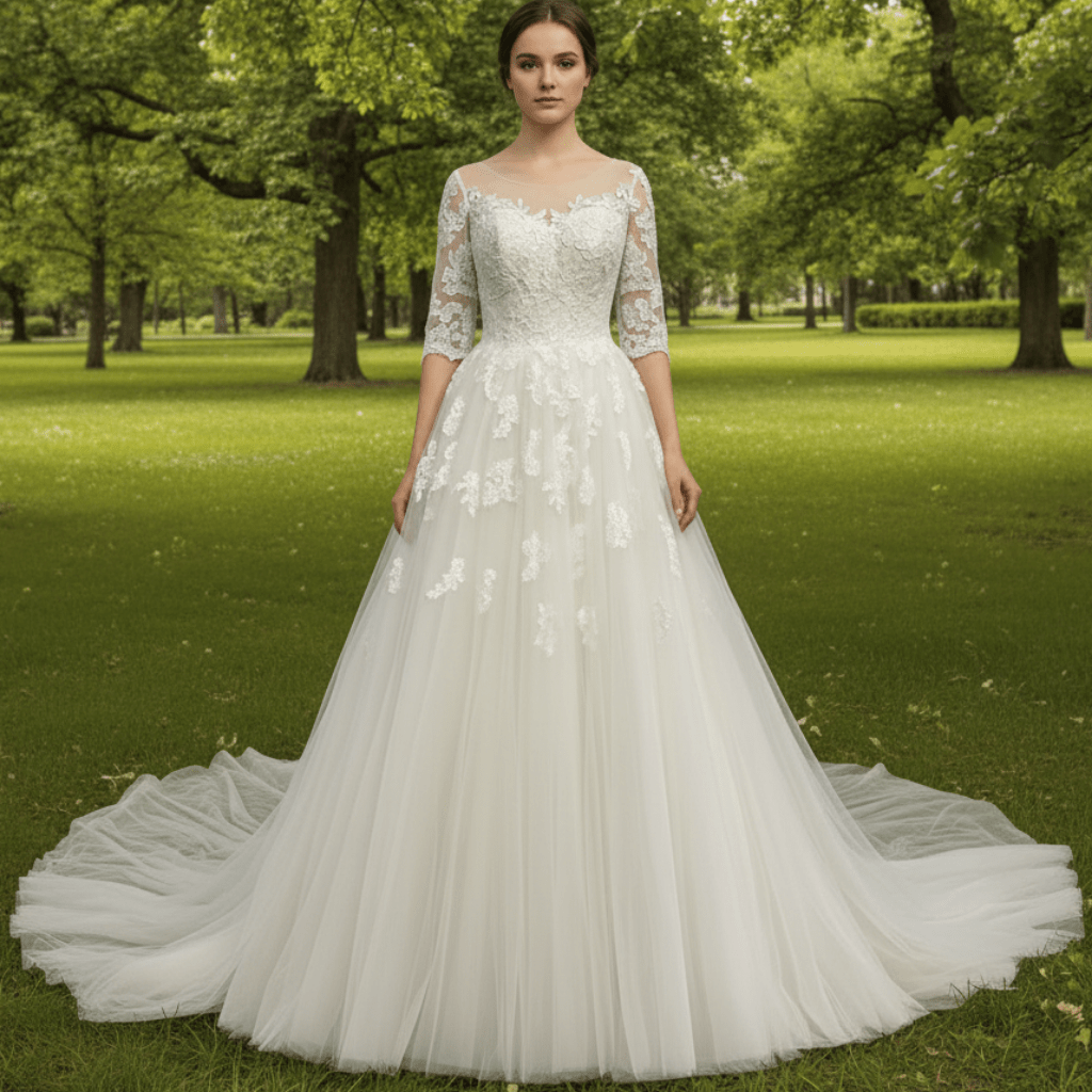 Elegant Lace Applique Wedding Dress With Half Sleeve - Rosymae