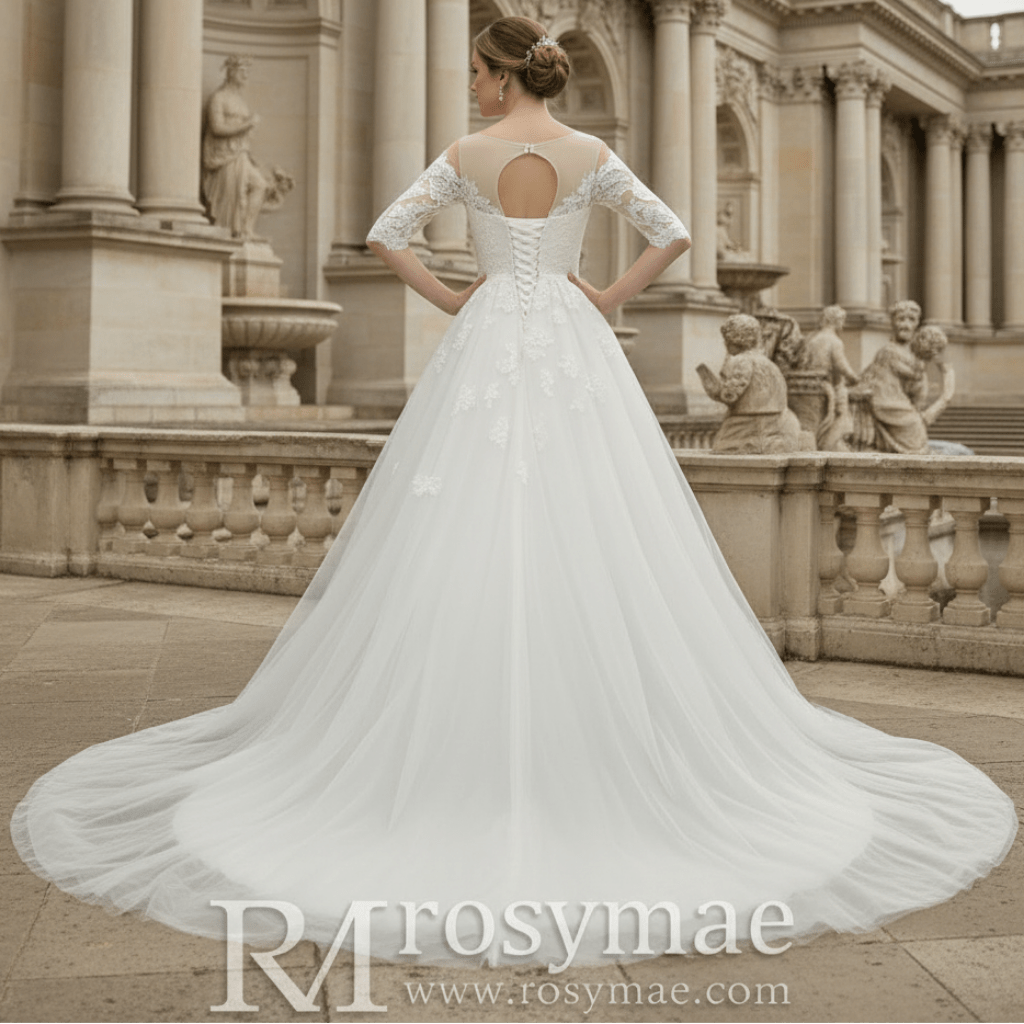 Elegant Lace Applique Wedding Dress With Half Sleeve - Rosymae