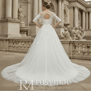 Elegant Lace Applique Wedding Dress With Half Sleeve - Rosymae