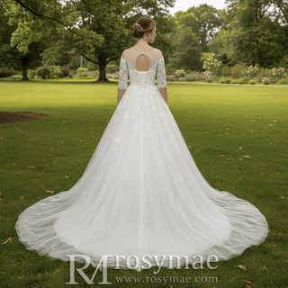 Elegant Lace Applique Wedding Dress With Half Sleeve - Rosymae
