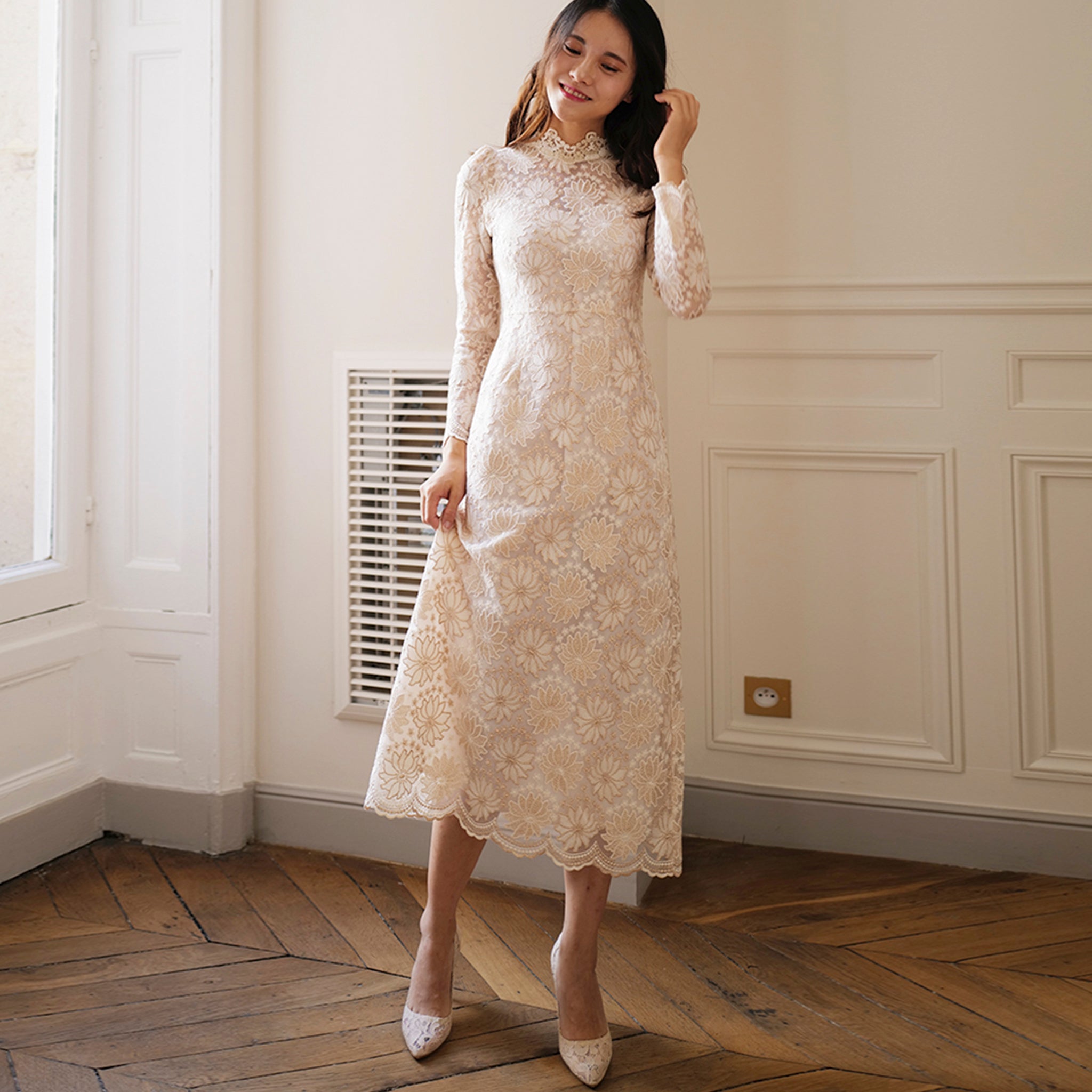 Elegant Cream-Colored Lace Midi Wedding Dress with Long Sleeve Cream / 0 Elegant Cream-Colored Lace Midi Wedding Dress with Long Sleeve Cream / 0