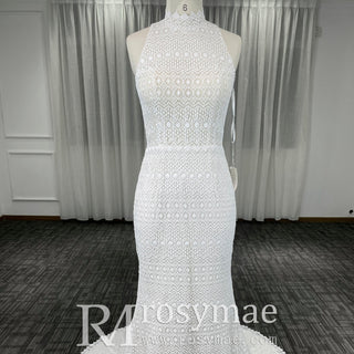 Elegant Lace Mermaid Wedding Dress with A Halter and Open Back - Rosymae