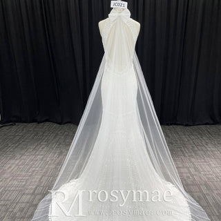 Elegant Lace Mermaid Wedding Dress with A Halter and Open Back - Rosymae