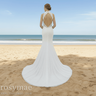 Elegant Lace Mermaid Wedding Dress with A Halter and Open Back - Rosymae