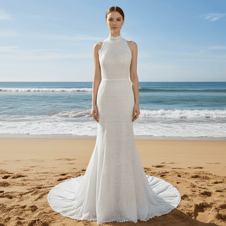 Elegant Lace Mermaid Wedding Dress with A Halter and Open Back - Rosymae