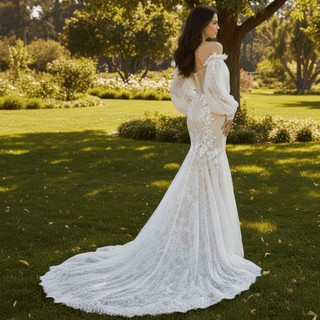 Elegant Lace Mermaid Wedding Dress with Lanter Long Sleeve - Rosymae