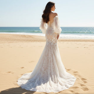 Elegant Lace Mermaid Wedding Dress with Lanter Long Sleeve - Rosymae