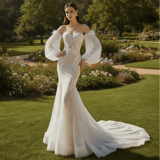 Elegant Lace Mermaid Wedding Dress with Lanter Long Sleeve - Rosymae