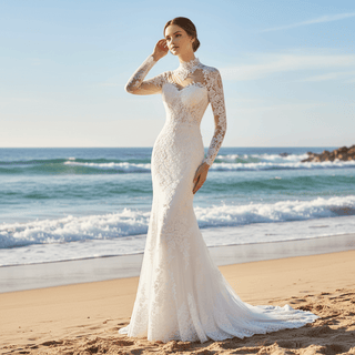 Elegant Lace Mermaid Wedding Dress with Long Sleeve Jacket - Rosymae