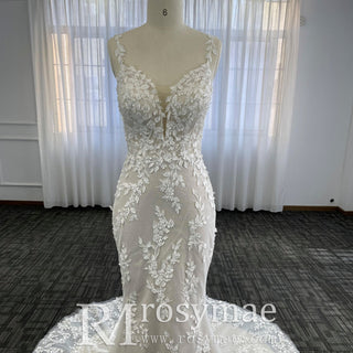 Elegant Lace Mermaid Wedding Dress with Spaghetti Straps - Rosymae
