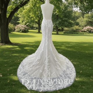 Elegant Lace Mermaid Wedding Dress with Spaghetti Straps - Rosymae