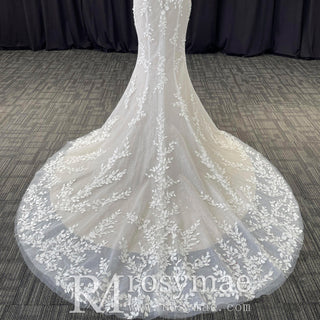 Elegant Lace Mermaid Wedding Dress with Spaghetti Straps - Rosymae
