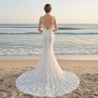 Elegant Lace Mermaid Wedding Dress with Spaghetti Straps - Rosymae