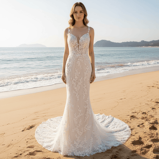 Elegant Lace Mermaid Wedding Dress with Spaghetti Straps - Rosymae