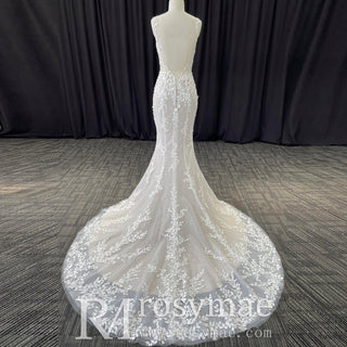 Elegant Lace Mermaid Wedding Dress with Spaghetti Straps - Rosymae