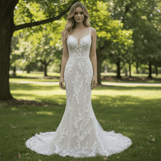 Elegant Lace Mermaid Wedding Dress with Spaghetti Straps - Rosymae