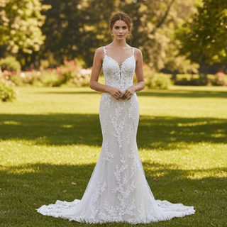 Elegant Lace Mermaid Wedding Dress with Spaghetti Straps - Rosymae