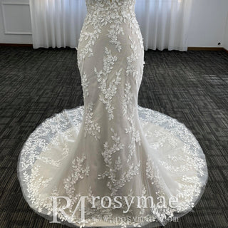 Elegant Lace Mermaid Wedding Dress with Spaghetti Straps - Rosymae