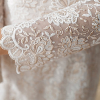 Vintage-inspired Collar Neck Floral Lace Midi Wedding Dress with Long Sleeve