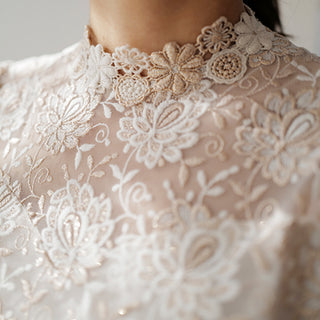 Vintage-inspired Collar Neck Floral Lace Midi Wedding Dress with Long Sleeve