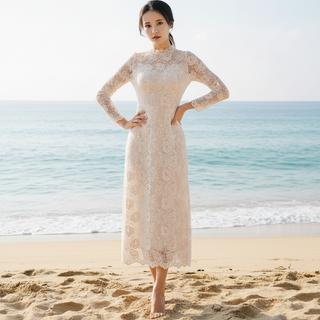 Vintage-inspired Collar Neck Floral Lace Midi Wedding Dress with Long Sleeve
