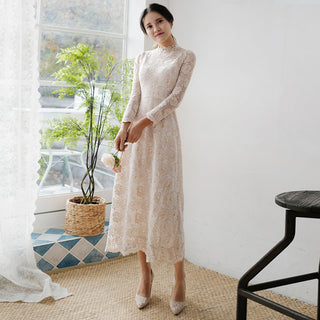 Vintage-inspired Collar Neck Floral Lace Midi Wedding Dress with Long Sleeve