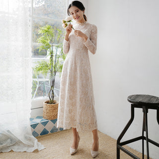 Vintage-inspired Collar Neck Floral Lace Midi Wedding Dress with Long Sleeve