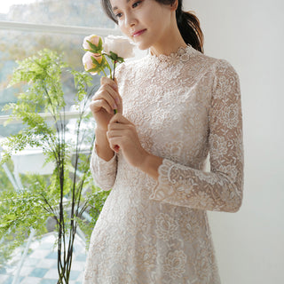 Vintage-inspired Collar Neck Floral Lace Midi Wedding Dress with Long Sleeve