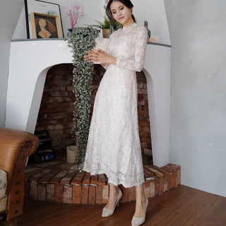 Vintage-inspired Collar Neck Floral Lace Midi Wedding Dress with Long Sleeve