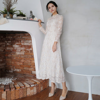 Vintage-inspired Collar Neck Floral Lace Midi Wedding Dress with Long Sleeve