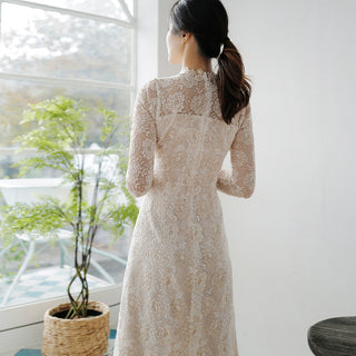 Vintage-inspired Collar Neck Floral Lace Midi Wedding Dress with Long Sleeve