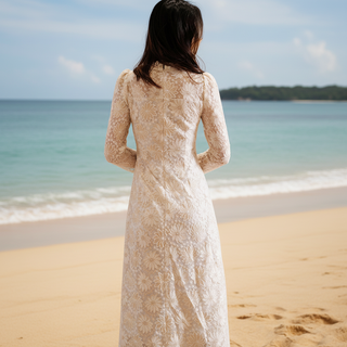 Elegant Cream-Colored Lace Midi Wedding Dress with Long Sleeve