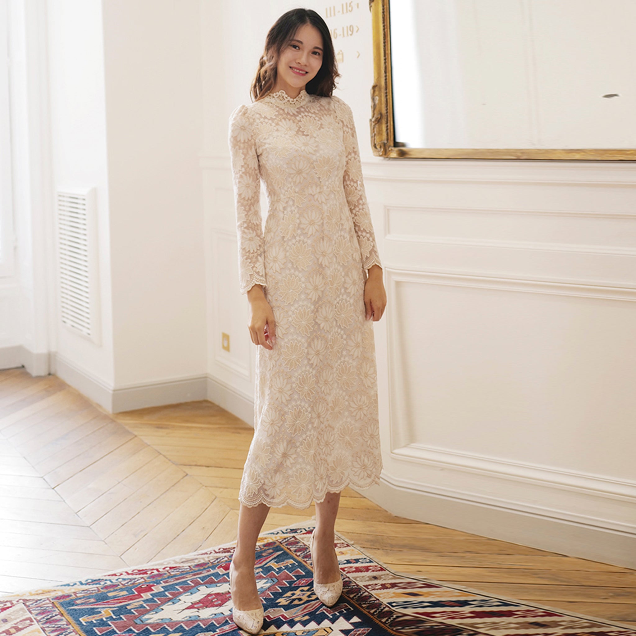 Elegant Cream-Colored Lace Midi Wedding Dress with Long Sleeve Cream / 0 Elegant Cream-Colored Lace Midi Wedding Dress with Long Sleeve Cream / 0