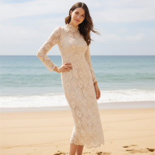 Elegant Cream-Colored Lace Midi Wedding Dress with Long Sleeve