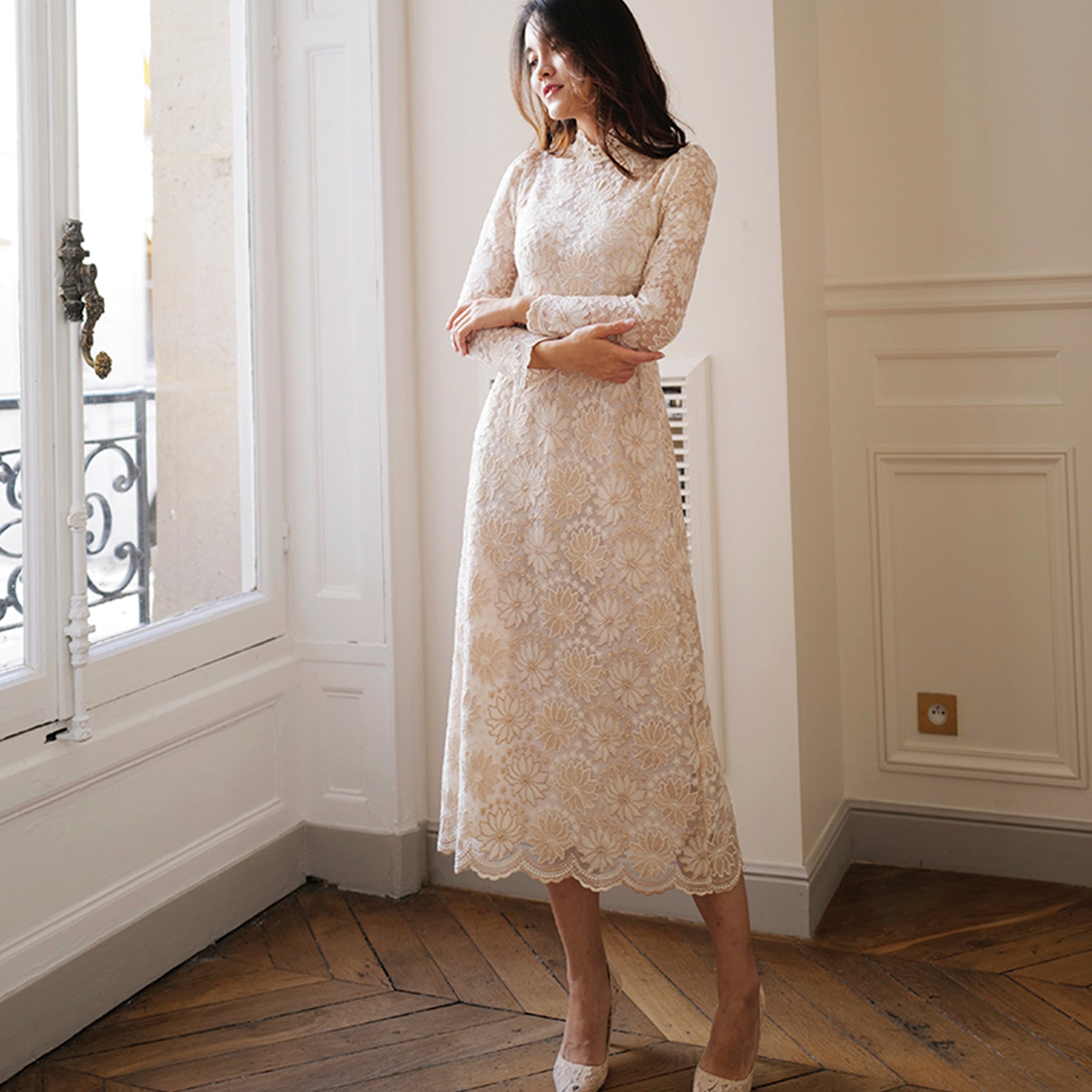 Elegant Cream-Colored Lace Midi Wedding Dress with Long Sleeve Cream / 0 Elegant Cream-Colored Lace Midi Wedding Dress with Long Sleeve Cream / 0