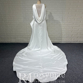 Elegant Leg Slit Plus Size Vintage Wedding Dress with Pearl Neckline - Rosymae