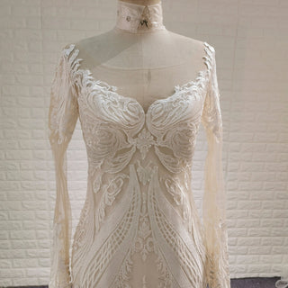 Elegant Light Champagne Lace Mermaid Wedding Dresses with Long Sleeves - Rosymae