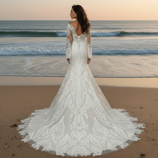 Elegant Light Champagne Lace Mermaid Wedding Dresses with Long Sleeves - Rosymae